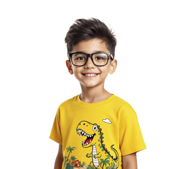 A boy wearing a yellow t - shirt with a dinosaur on it png