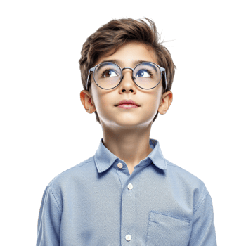 A young boy wearing glasses and looking up png