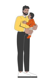African american father holding toddler son with love 2D cartoon characters. Fatherhood joy bonding. Black male caring dad hugging baby flat people isolated on white. Spot illustration colorful vector