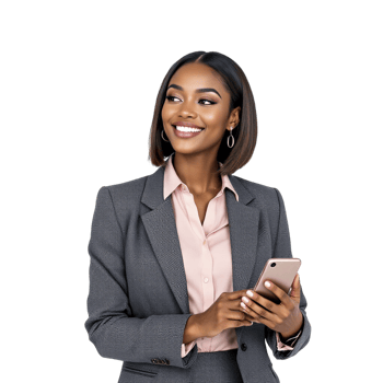 A smiling black woman in a business suit holding a cell phone png