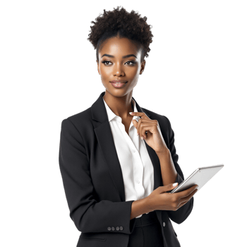 A beautiful young african american woman in a business suit holding a tablet png