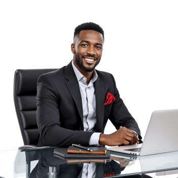 A smiling black man in a suit sitting at a desk with a laptop png