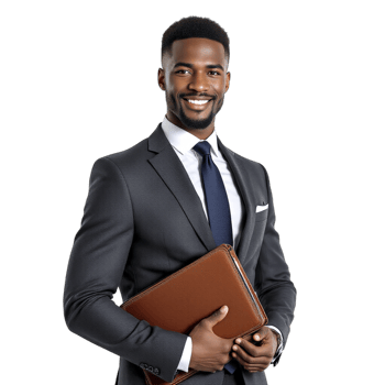 A smiling black man in a suit holding a folder png