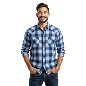 A man in a blue plaid shirt is smiling png