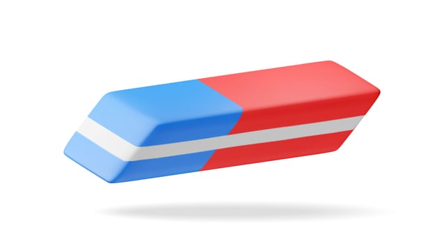 3D blue red rubber eraser isolated on white. Render two side eraser icon. Office or school supply, stationery and education vector