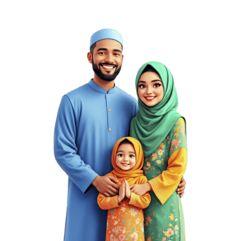 Muslim family with child on black background png