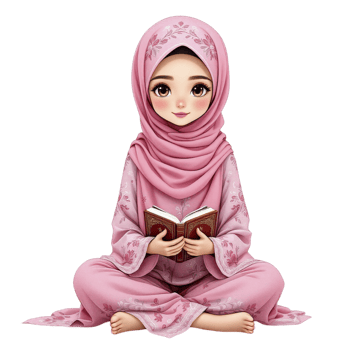 A cartoon muslim girl in pink hijab sitting on the floor png