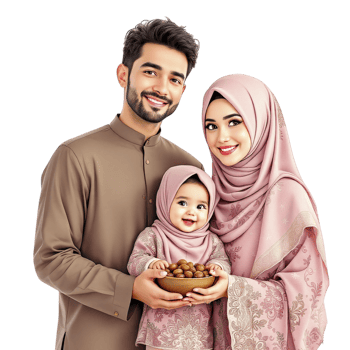A muslim family with a baby and a bowl of nuts png