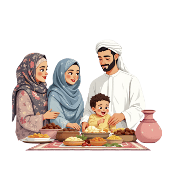 An illustration of a muslim family eating together png
