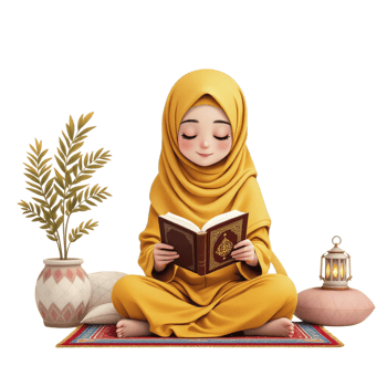 Muslim girl reading quran on floor with lamp and potted plant png