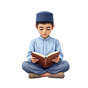 A boy in a muslim outfit is reading a book png