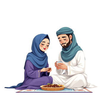 An illustration of a muslim couple sitting on the floor png