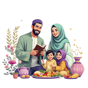 Happy muslim family with children reading book and eating food png