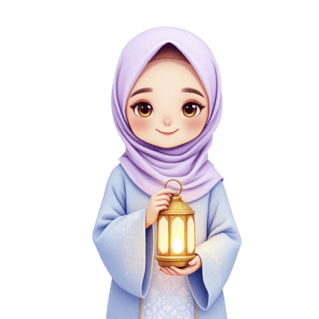 A cartoon muslim girl holding a lantern png