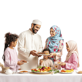 A family is standing around a table with food png