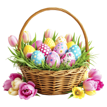 Easter eggs in basket with flowers png