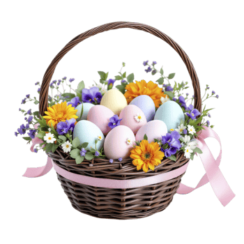 Easter eggs in a basket with flowers png