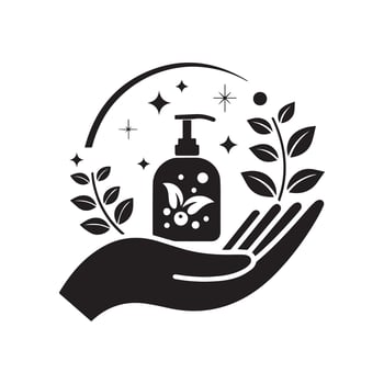 Hand holding bottle of soap and leaves with stars vector