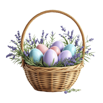 Easter eggs in a basket with lavender flowers png