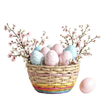 A basket filled with colorful eggs and flowers png