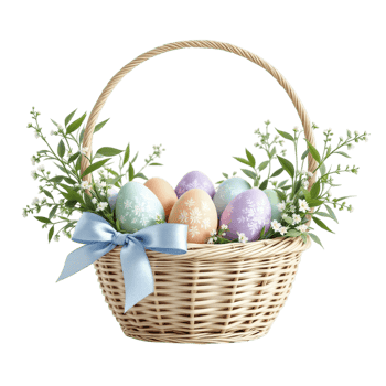 Easter eggs in a basket with blue ribbon png