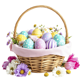 Easter eggs in a basket with flowers png