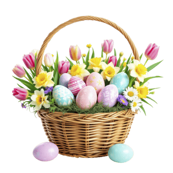 Easter basket with colorful eggs and flowers png