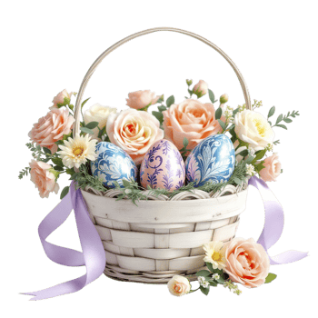 Easter basket with flowers and eggs png