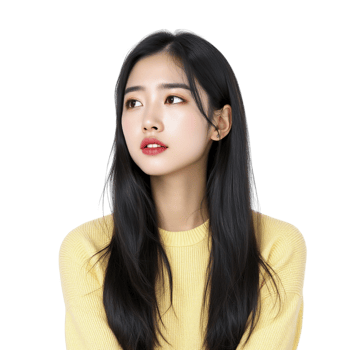 A woman with long black hair and a yellow sweater png