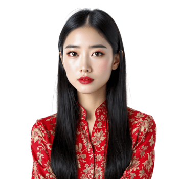An asian woman in a red dress with long hair png