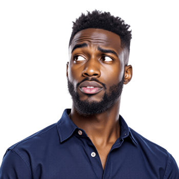 A man with a beard and blue shirt looking up png