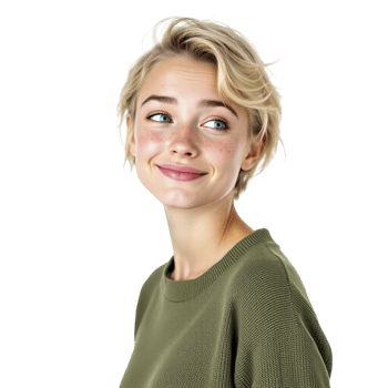 A young woman with a short haircut and green sweater png