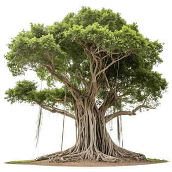 Massive banyan tree with sprawling aerial roots and a dense green canopy isolated on a Transparent Background showcasing its intricate structure png