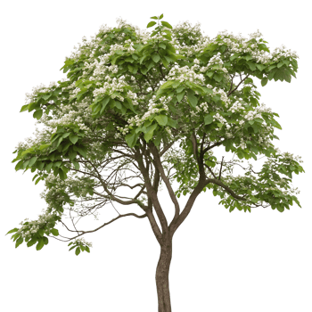 vibrant catalpa tree with blossoms and large green leaves isolated in a pot presenting a clean bright look png