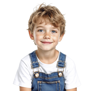A young boy in overalls smiling png