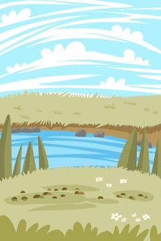 illustration of river landscape with blue sky.children story book cover vector