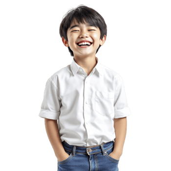 A young boy is smiling while wearing a white shirt png