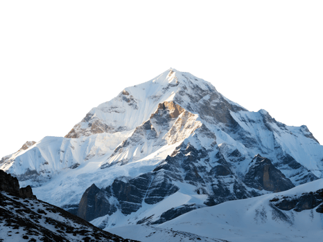 Snowy mountain peak with glaciers and rocks, isolated on a transparent background png