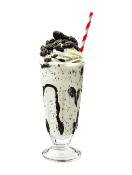 Cookies and Cream milkshake transparent , isolated background. Whipped cream topping garnish, served in glass, striped straw, shake bar menu dessert png