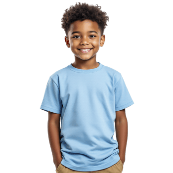 A young boy wearing a light blue t - shirt png