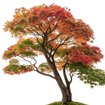 Stunning Japanese maple with a mix of red and green leaves in autumn isolated against a bright Transparent Background highlighting its beauty png