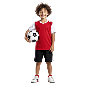 A young boy in a red shirt and black shorts holding a soccer ball png