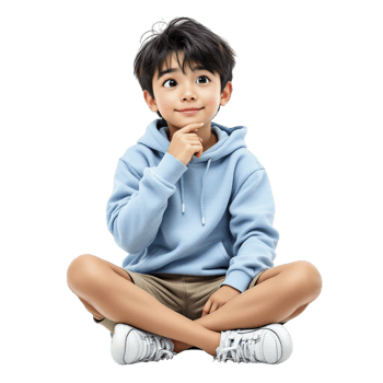A young boy sitting on the floor with his hand on his chin png