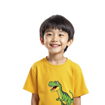 A young boy wearing a yellow dinosaur t - shirt png