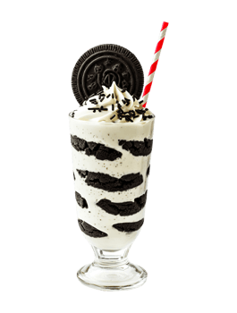 Cookies and Cream milkshake transparent , isolated background. Whipped cream topping garnish, served in glass, striped straw, shake bar menu dessert graphic png