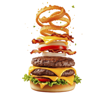 A hamburger with bacon and cheese on top png