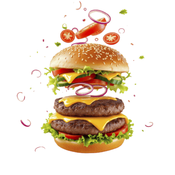 Burger with cheese, lettuce, tomato and onion png