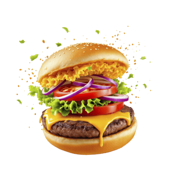 A hamburger with cheese, lettuce and onions png