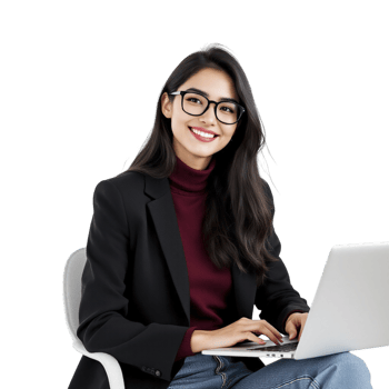 A woman in glasses sitting on a chair with a laptop png
