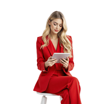 A woman in a red suit is sitting on a stool and using a tablet png